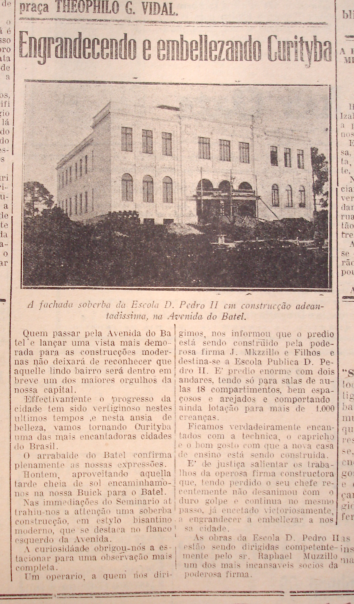 Matéria sobre a construção do Grupo Escolar D. Pedro II, em 1927.